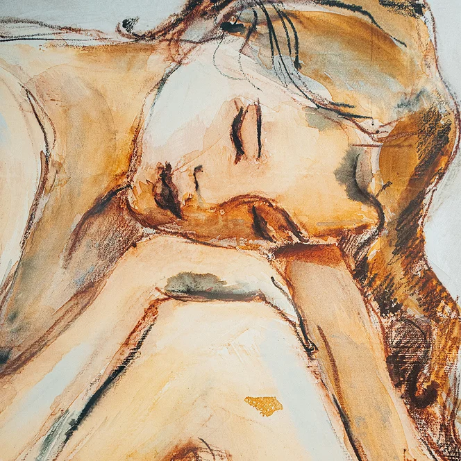 Watercolor sketch of person resting head on hand in warm earth tones and expressive brushstrokes